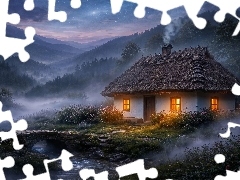 Zalesione, Mostek, Mgła, Potok, Dom, Góry, Zmrok