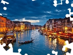 Światła, Noc, Wenecja, Gondola