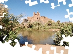 Kasbah, Woda, Zieleń, Zamek, Maroko, Ruiny
