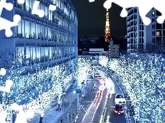 Świąteczna, Drzewa, Tokio, Dekoracja, Nocą
