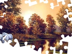 Konie, Rzeka, Jesień, Drzewa