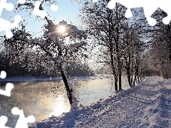 Zima, Śnieg, Rzeka, Drzewa