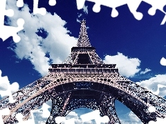 Wieża Eiffla, Francja, Chmury, Paryż
